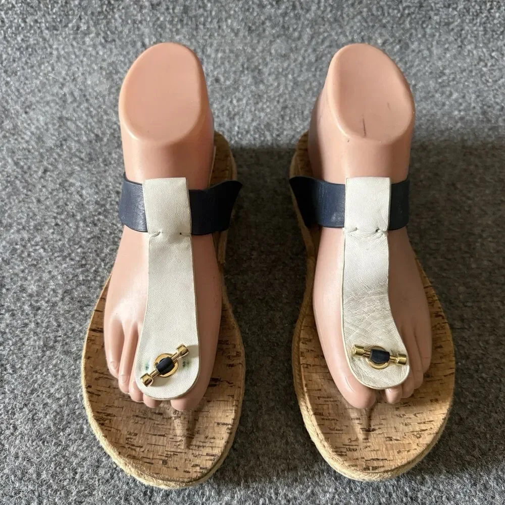 Tory Burch Logo Medallion Thong Sandals White Navy Gold Leather Women’s 8